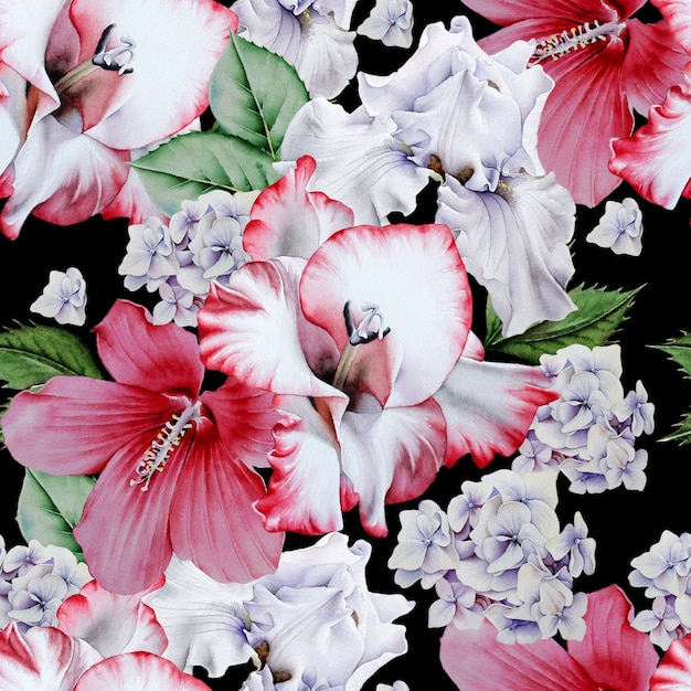 Bright seamless pattern with flowers. Hibiscus. Iris. Gladiolus.                                 Watercolor illustration. Hand drawn.