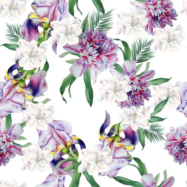 Bright seamless pattern with flowers. Iris. Peony. Watercolor illustration. Hand drawn.