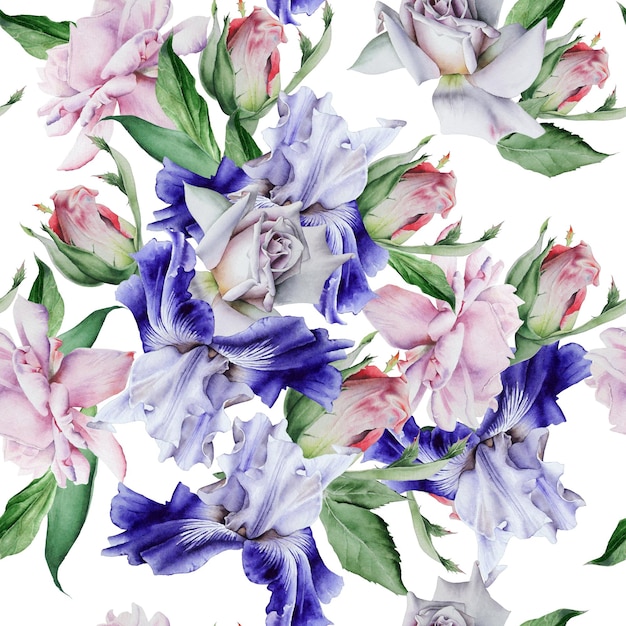 Bright seamless pattern with flowers. Iris. Rose. Hand drawn.