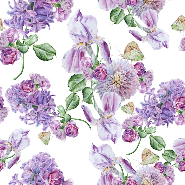 Bright seamless pattern with flowers. Lilac. Iris. Butterfly. Watercolor illustration. Hand drawn.