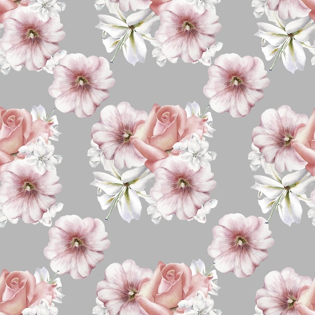 Bright seamless pattern with flowers. Mallow. Rose. Lily. Watercolor illustration. Hand drawn.