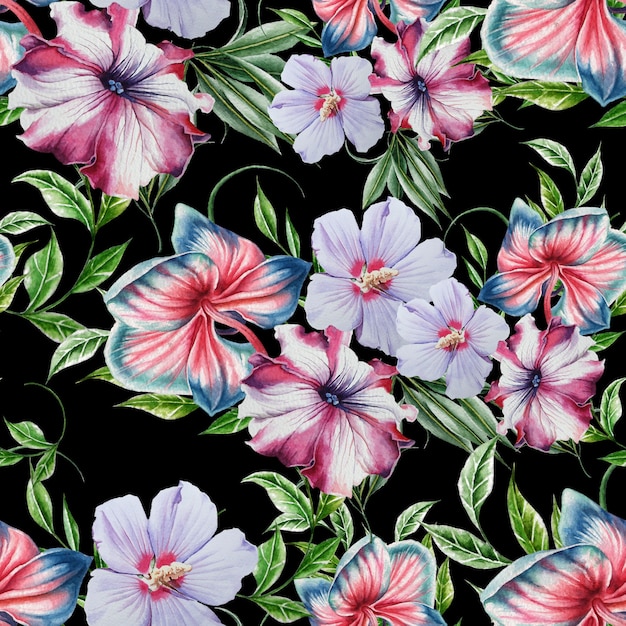 Bright seamless pattern with flowers. Orchid. Hibiscus. Petunia. Watercolor illustration. Hand drawn.