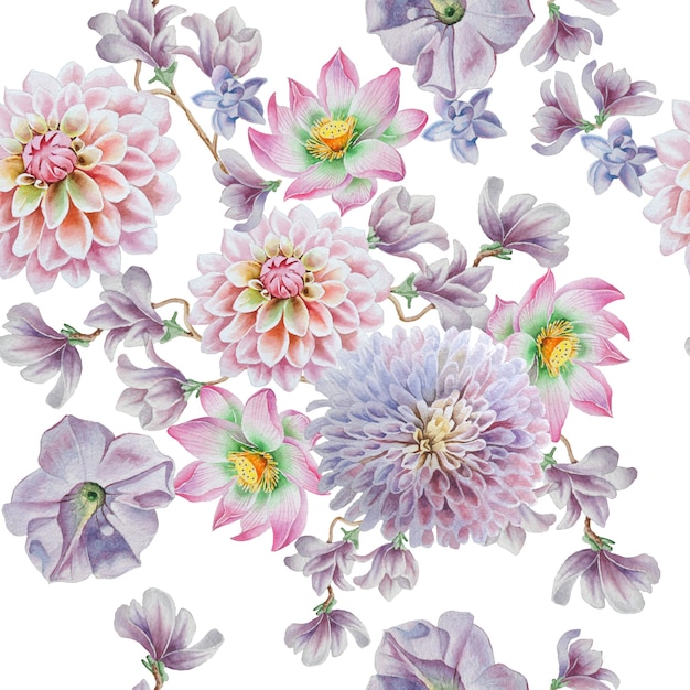 Bright seamless pattern with flowers. Petunia. Dahlia. Lotus. Watercolor illustration. Hand drawn.