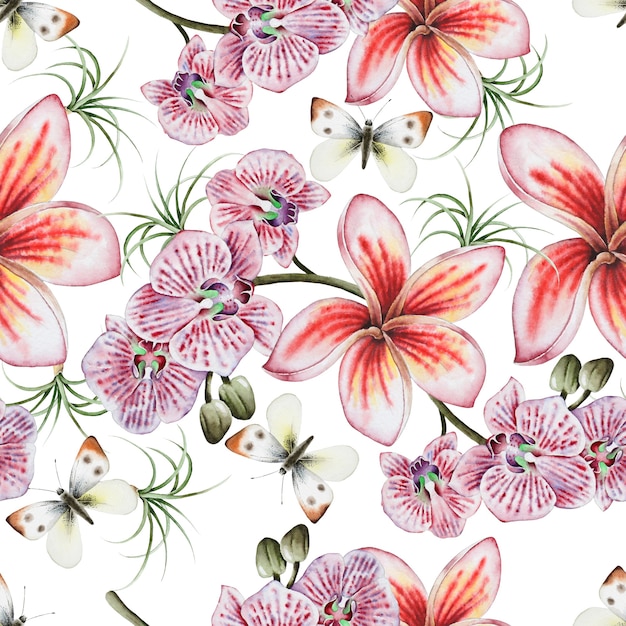 Bright seamless pattern with flowers. Plumeria. Orchid. Butterfly.  Watercolor illustration. Hand drawn.