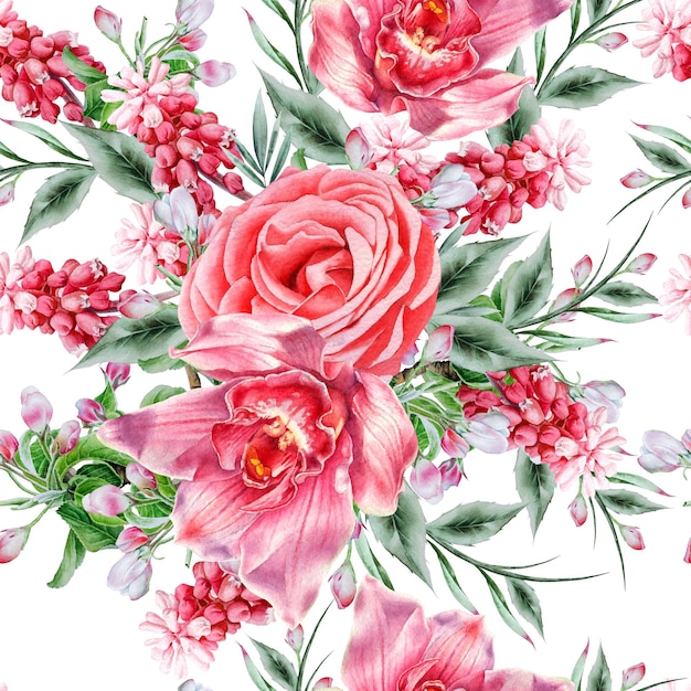 Bright seamless pattern with flowers. Rose. Hyacinth. Orchid. Watercolor illustration. Hand drawn.