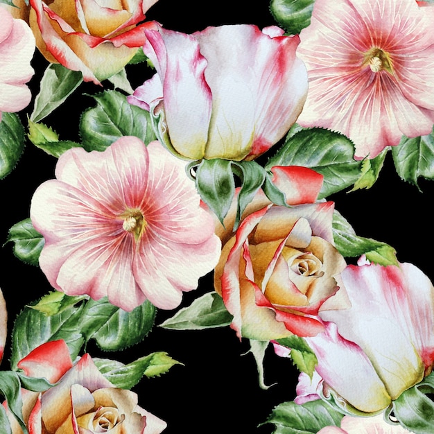 Bright seamless pattern with flowers. Rose. Mallow.   Watercolor illustration. Hand drawn.