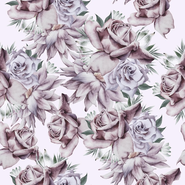 Bright seamless pattern with flowers. Rose.  Peony. Watercolor illustration. Hand drawn.