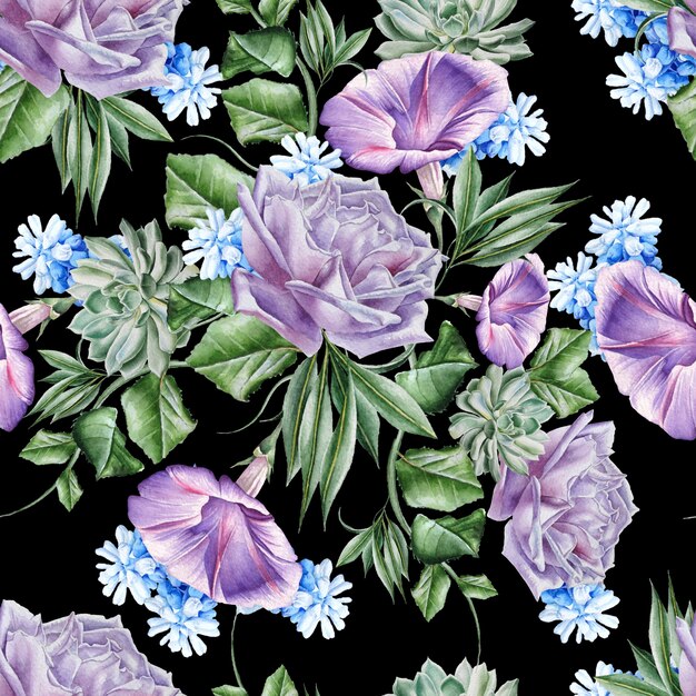 Bright seamless pattern with flowers. Rose. Petunia. Hyacinth. Succulent. Watercolor illustration. Hand drawn.