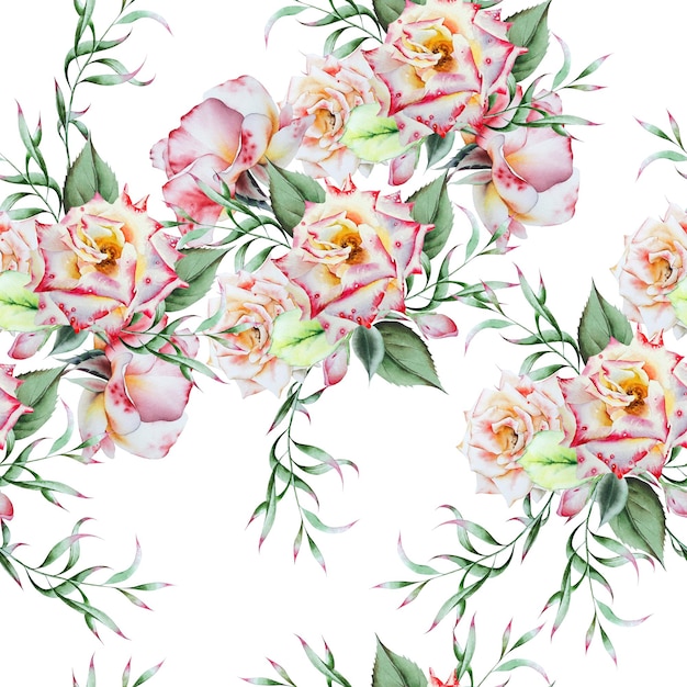 Bright seamless pattern with flowers. Rose. Watercolor illustration. Hand drawn.