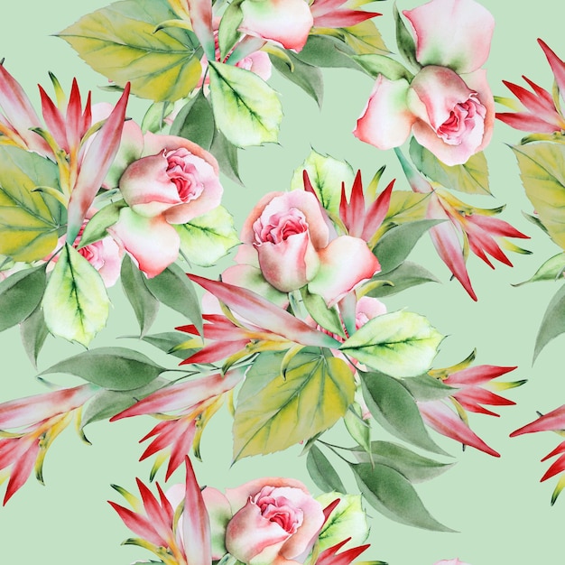 Bright seamless pattern with flowers. Rose. Watercolor illustration. Hand drawn.