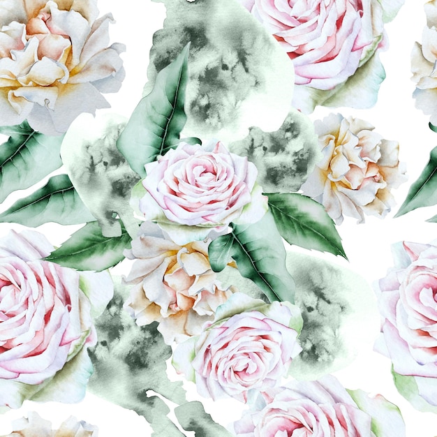 Bright seamless pattern with flowers. Rose. Watercolor illustration. Hand drawn.