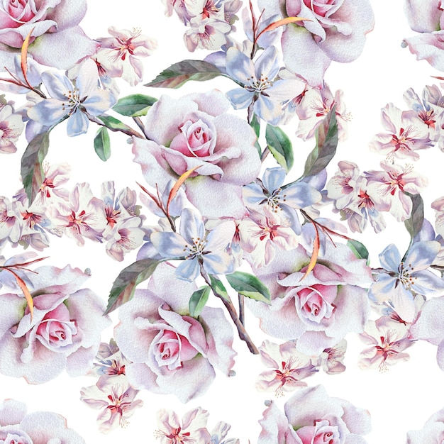 Bright seamless pattern with flowers. Rose. Watercolor illustration. Hand drawn.