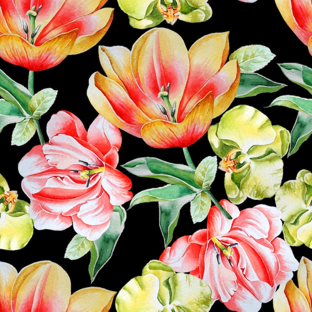 Bright seamless pattern with flowers. Tulip. Orchid. Watercolor illustration. Hand drawn.