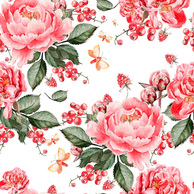 Bright seamless pattern with peony flowers and raspberries . Illustration