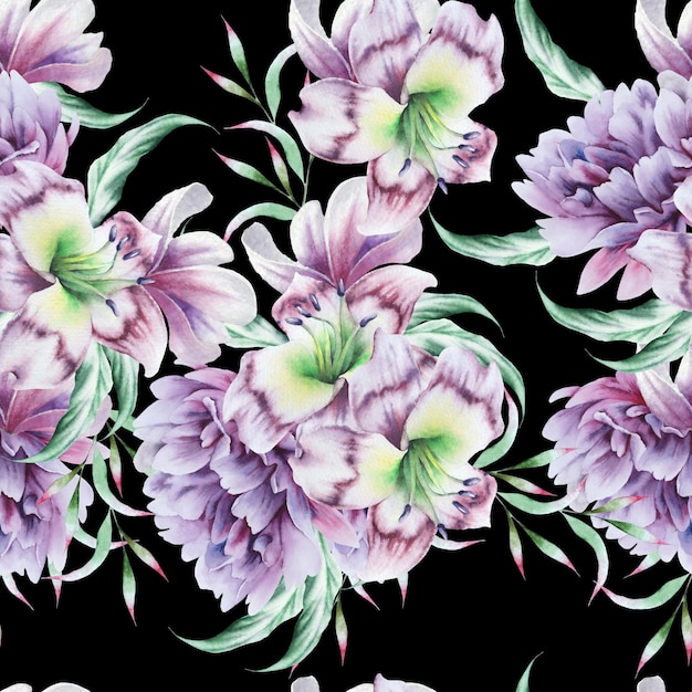 Bright seamless pattern with peony and lily Rose Watercolor illustration Hand drawn