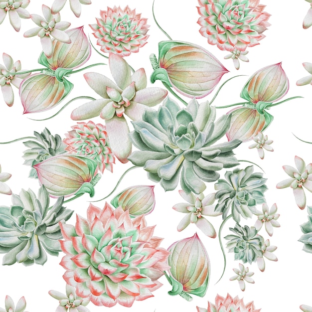 Bright seamless pattern with succulents. Watercolor illustration. Hand drawn.