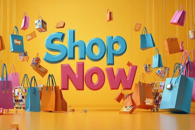 Bright Shop Now sign with shopping bags and fashion accessories in colorful retail store display