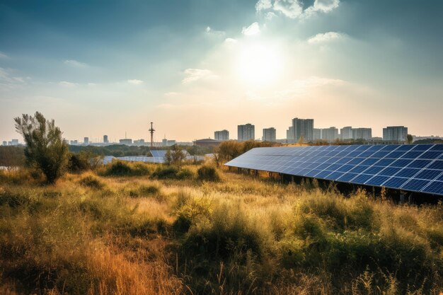 Bright solar field ecoefficient city in the background generative IA