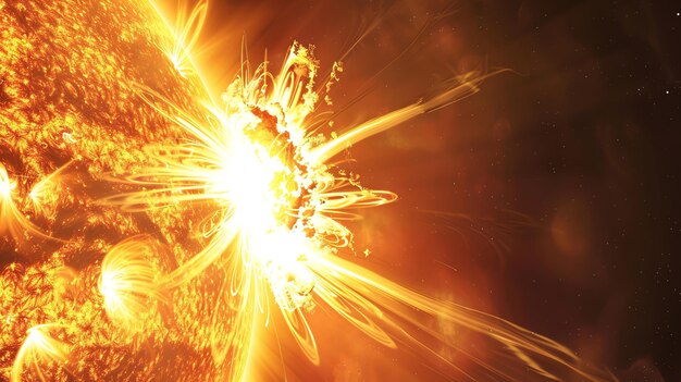 A bright solar flare erupts from the surface of the sun