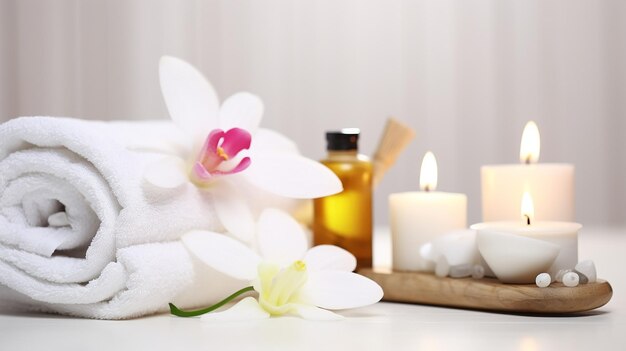 Bright Spa vibe beauty treatment and wellness background with massage stone orchid flowers towels