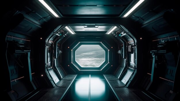 Bright spaceship interior with a view out a dark window Generative AI