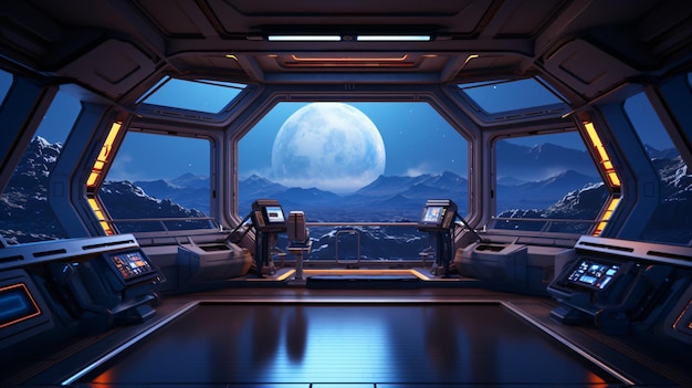 Bright spaceship interior with a view out a dark