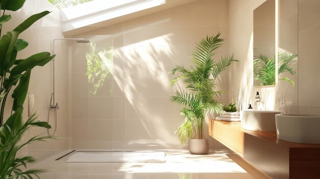 Photo a bright and spacious bathroom featuring a skylight and walkin shower perfect for relaxation and elegance