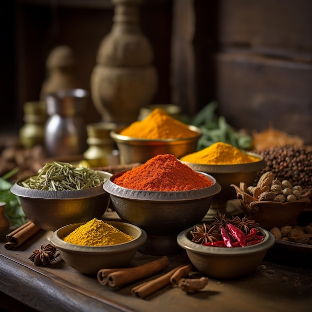 Bright spice background top view Collection seasoning and herbs of Indian food