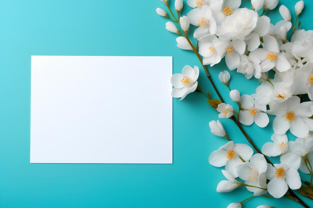 Photo bright spring flowers and a white card on a turquoise background