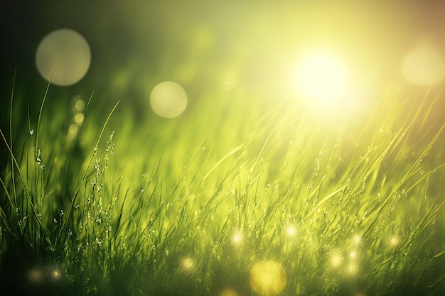 Bright spring grass field with sunlight bokeh background