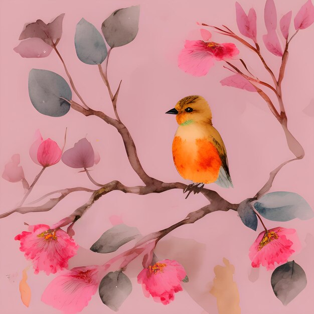 Bright spring illustration branch with flowers and a bird