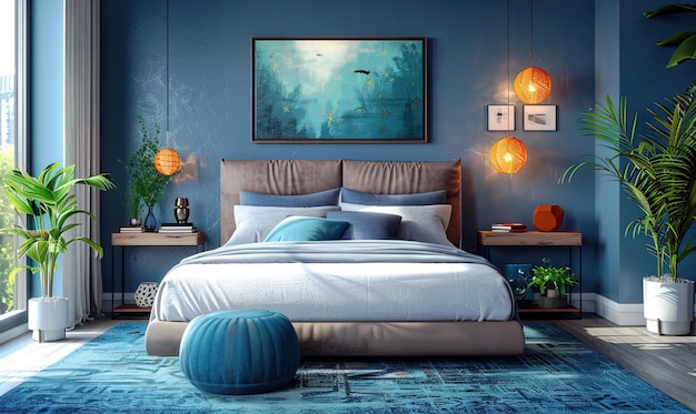 Bright and stylish bedroom design with vibrant bedspread and modern decor Generate AI