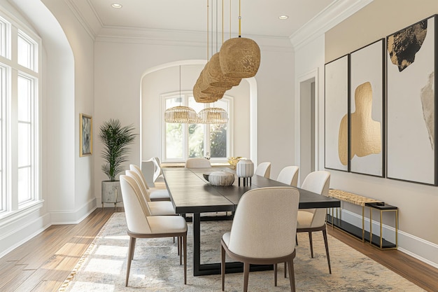 Bright and stylish dining room with contemporary art and unique lighting fixtures