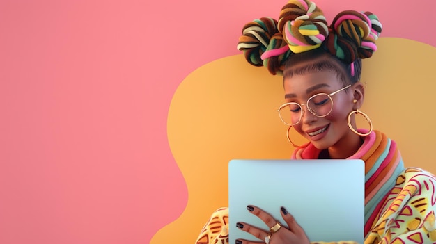 Bright stylish pink and yellow young woman holding tablet or laptop smiling wearing glasses