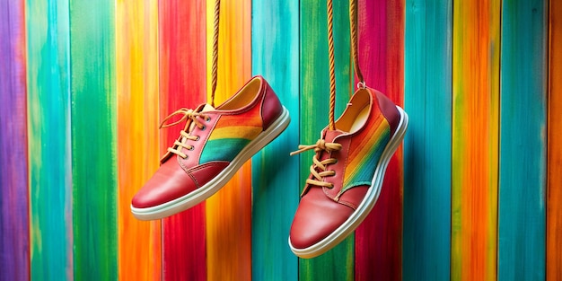 Photo bright stylish shoes hanging against color background