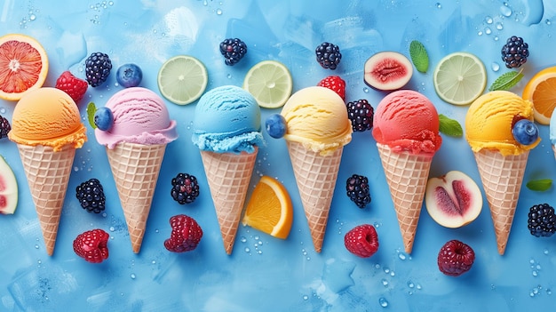 Bright summer colored ice cream with fruits around pattern background