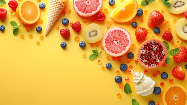 Bright summer colored ice cream with fruits around pattern background