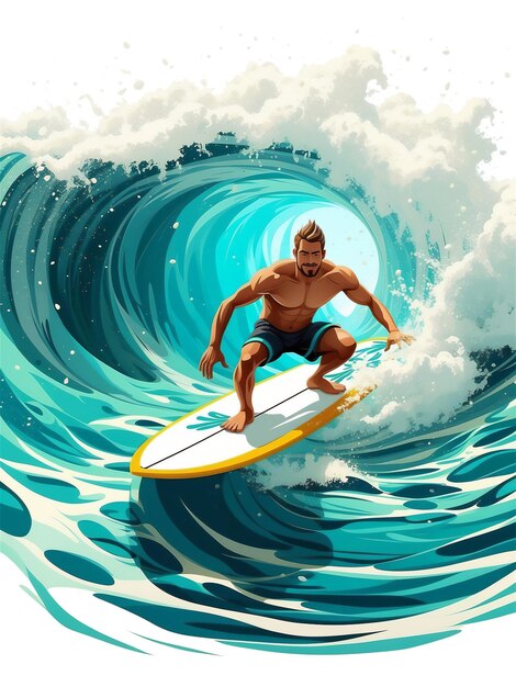 Bright summer illustration of a strong surfer sportsman in a water tube