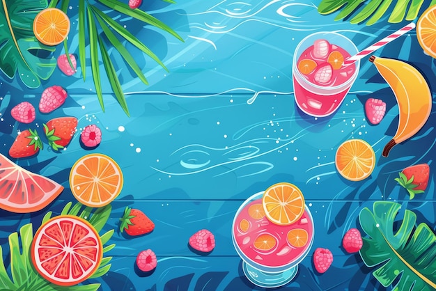 Photo bright summer illustration with fruits and cocktails