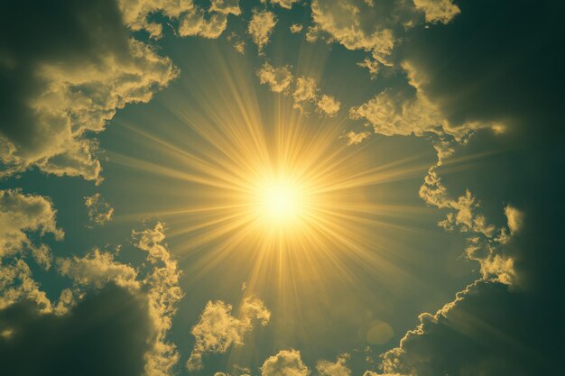 Photo bright sun shines through fluffy clouds in a clear blue sky during midday