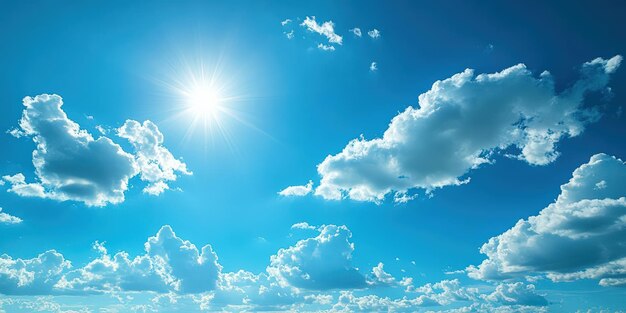 Photo bright sun shining over a clear blue sky filled with fluffy clouds creating an uplifting