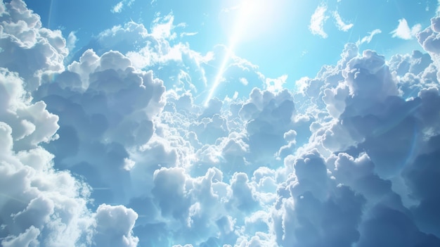 Bright sun shining over fluffy clouds with glittering particles