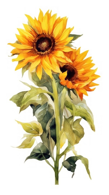 Bright Sunflower Bouquet in Modern Watercolor Style Isolated on White Background Generative AI