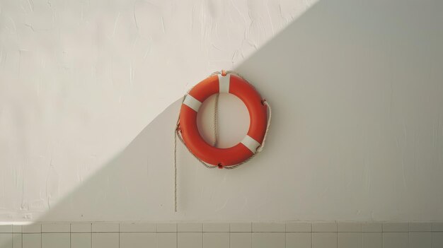 Photo a bright sunlight casts a shadow on a white wall where a solitary lifebuoy is hung creating a minimalist and serene scene