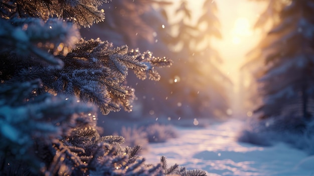 Bright sunlight filtering through snowcovered trees