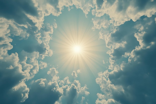 Photo bright sunlight shines through a circular formation of fluffy clouds on a clear day