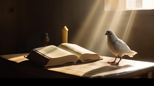 Bright sunlight and white dove and holy bible and cross silhouette of Jesus Christ