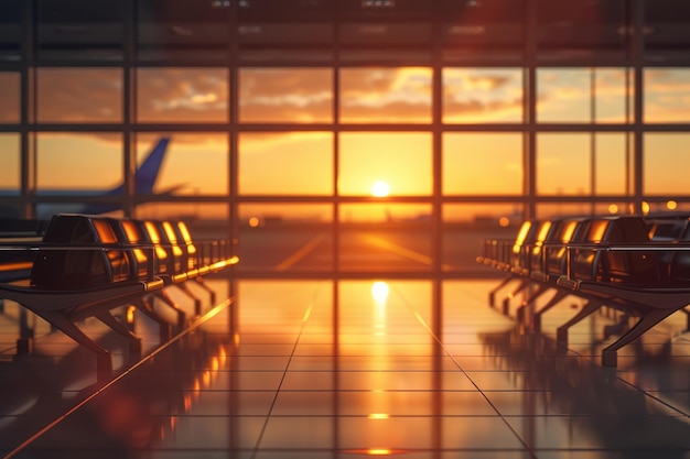 Bright and sunny airport waiting room scene with airplanes in the background on a beautiful day