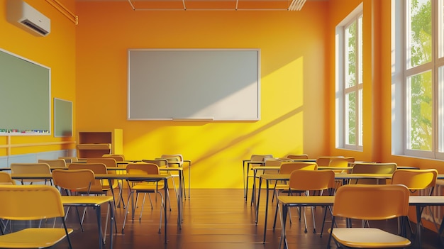 Bright and sunny classroom with yellow walls and empty desks and chairs