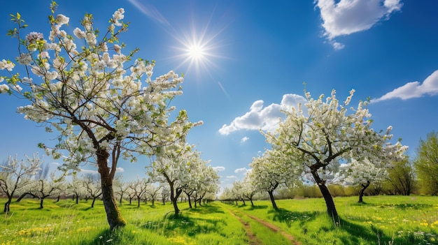 Bright Sunny Day in a Beautiful Orchard with Blossoming Fruit Trees